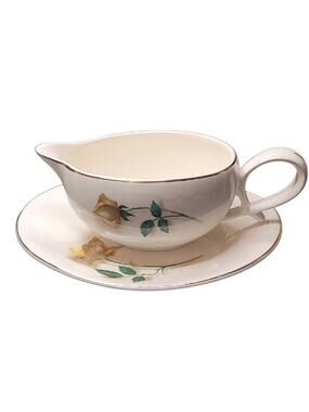 VTG Canonsburg Gravy Boat w/ Underplate Floral Yellow Trim White China GUC